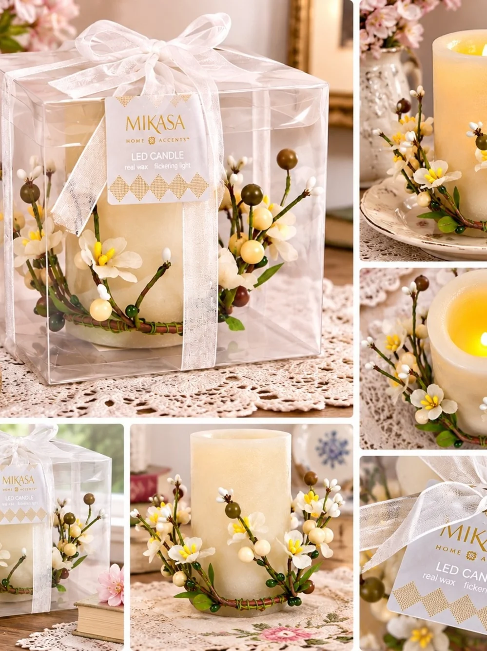Mikasa Cream LED Pillar Candle with Yellow & Green Floral Berry Wreath